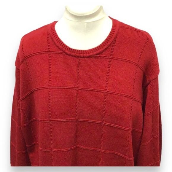 IZOD Mens Crewneck Knit Pullover Sweater Vintage 90s Chunky Cotton Grid Red XXL - Picture 2 of 9
